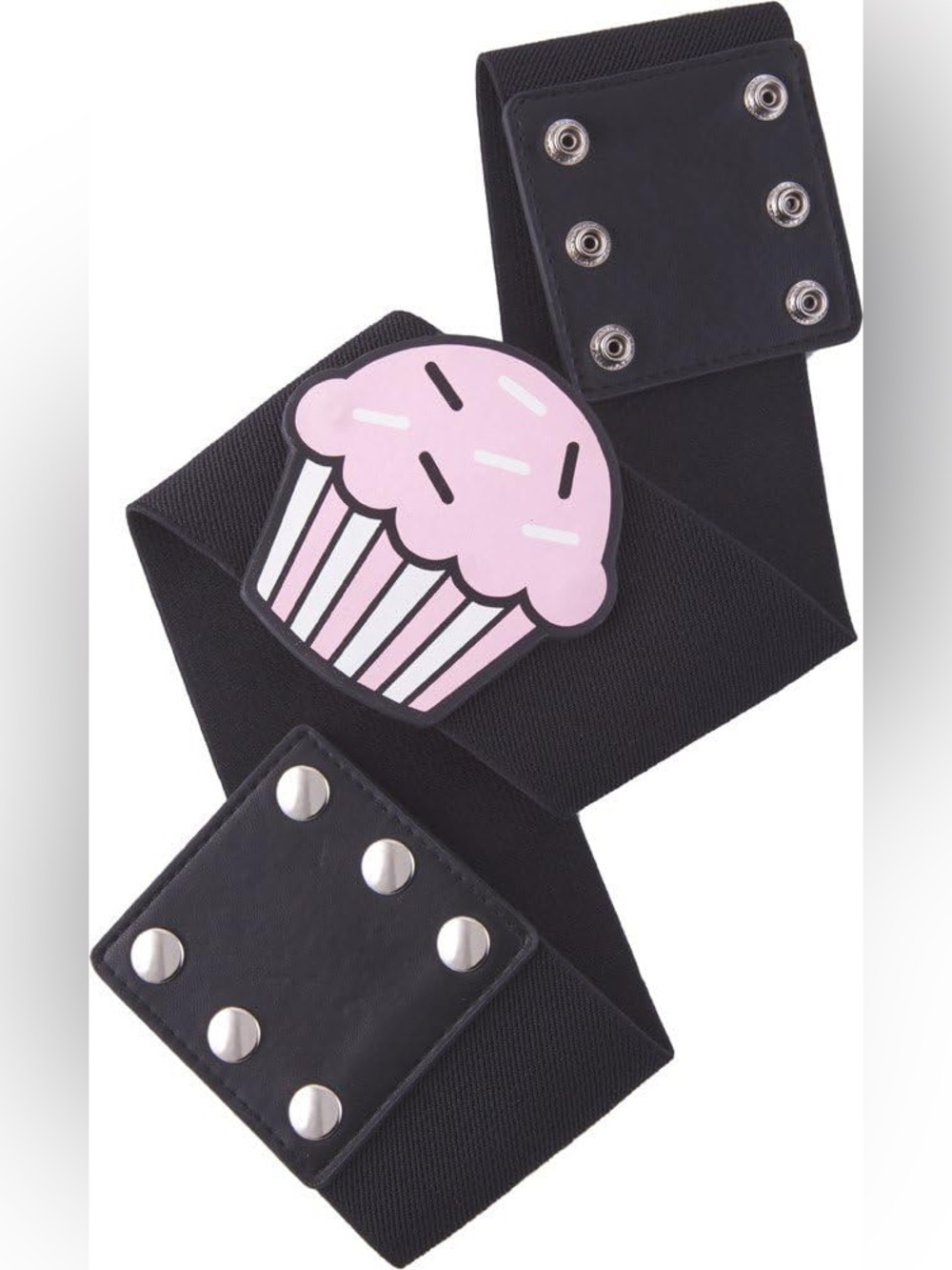 Sourpuss Black Stretch Belt with Pink Cupcake Buckle and Snap Closure